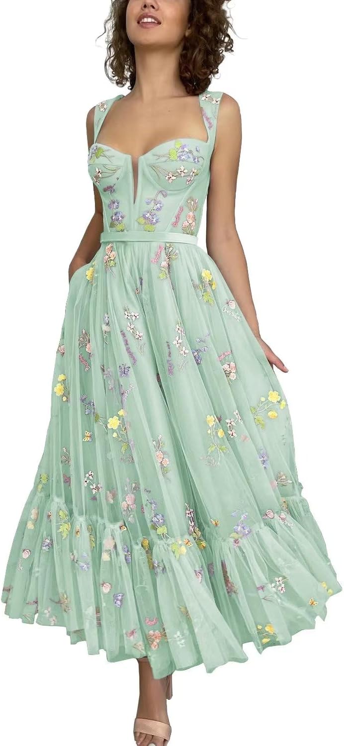 Vestidos de tul con bordado floral para mujer 2024, vestidos formales de fiesta de noche 