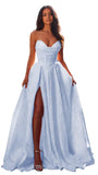 Jacquard Satin Prom Dresses with Slit Strapless Corset A Line Long Formal Evening Gowns
