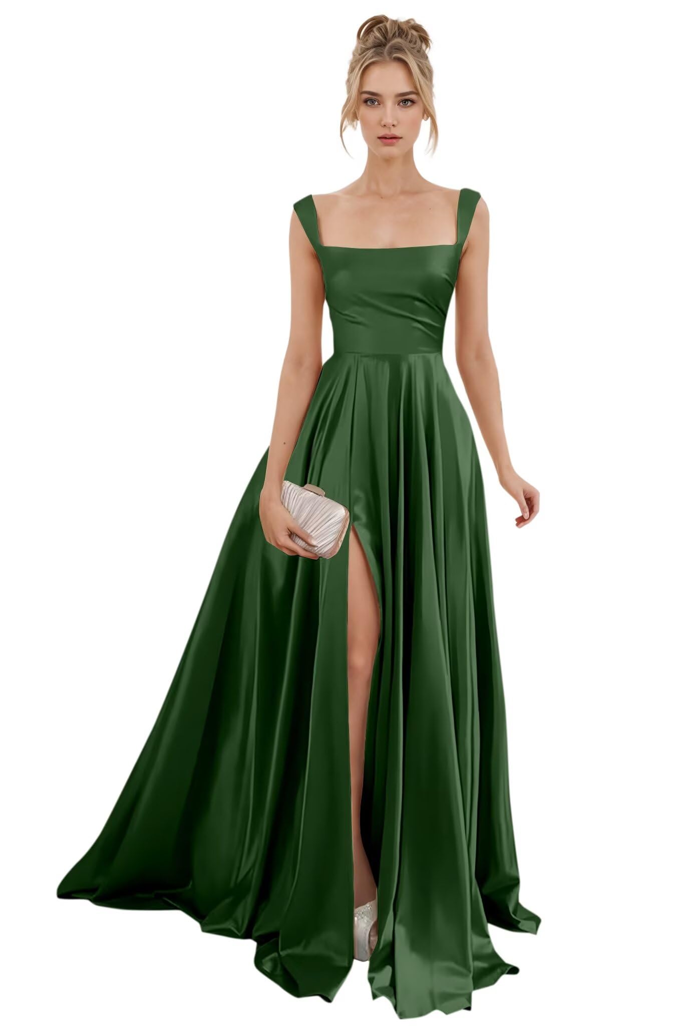 Spaghetti Straps Satin Bridesmaid Dresses for Women Long A-Line Square Neck Formal Evening Party Gown with Slit
