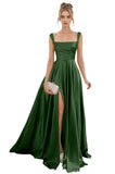 Spaghetti Straps Satin Bridesmaid Dresses for Women Long A-Line Square Neck Formal Evening Party Gown with Slit