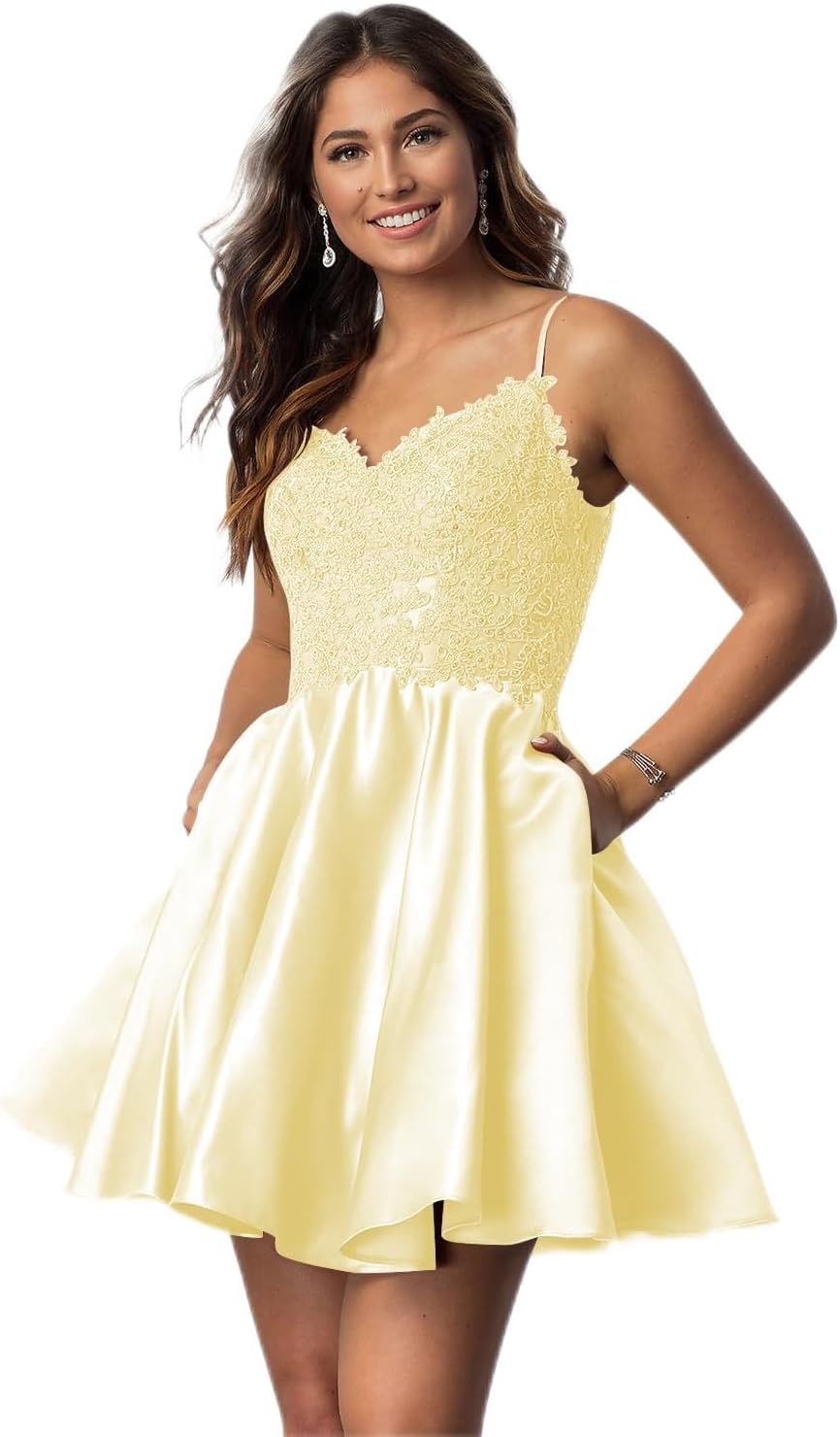 Vestidos cortos de fiesta con tirantes finos para jóvenes, con encaje, escote en V y bolsillos.
