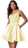 Vestidos cortos de fiesta con tirantes finos para jóvenes, con encaje, escote en V y bolsillos.