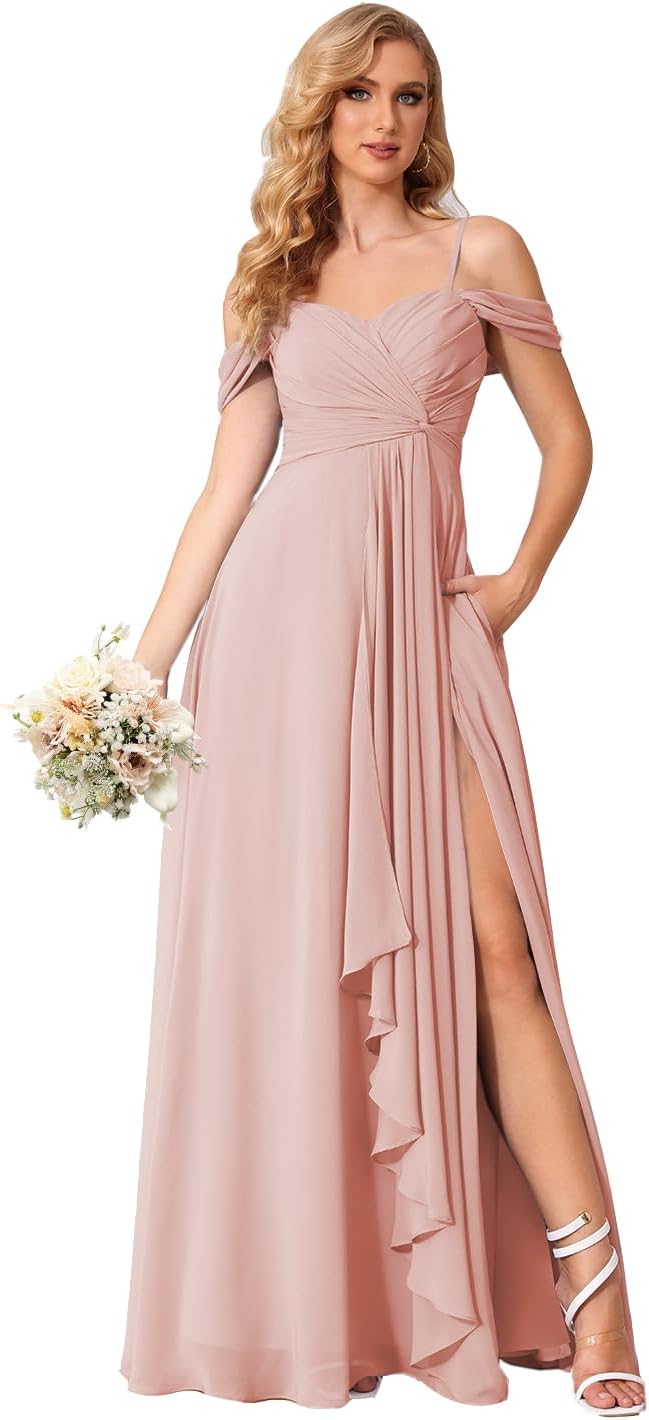 Damen Schulterfreies Brautjungfernkleid Lang mit Schlitz Chiffon Rüschen Falten Formales Partykleid 