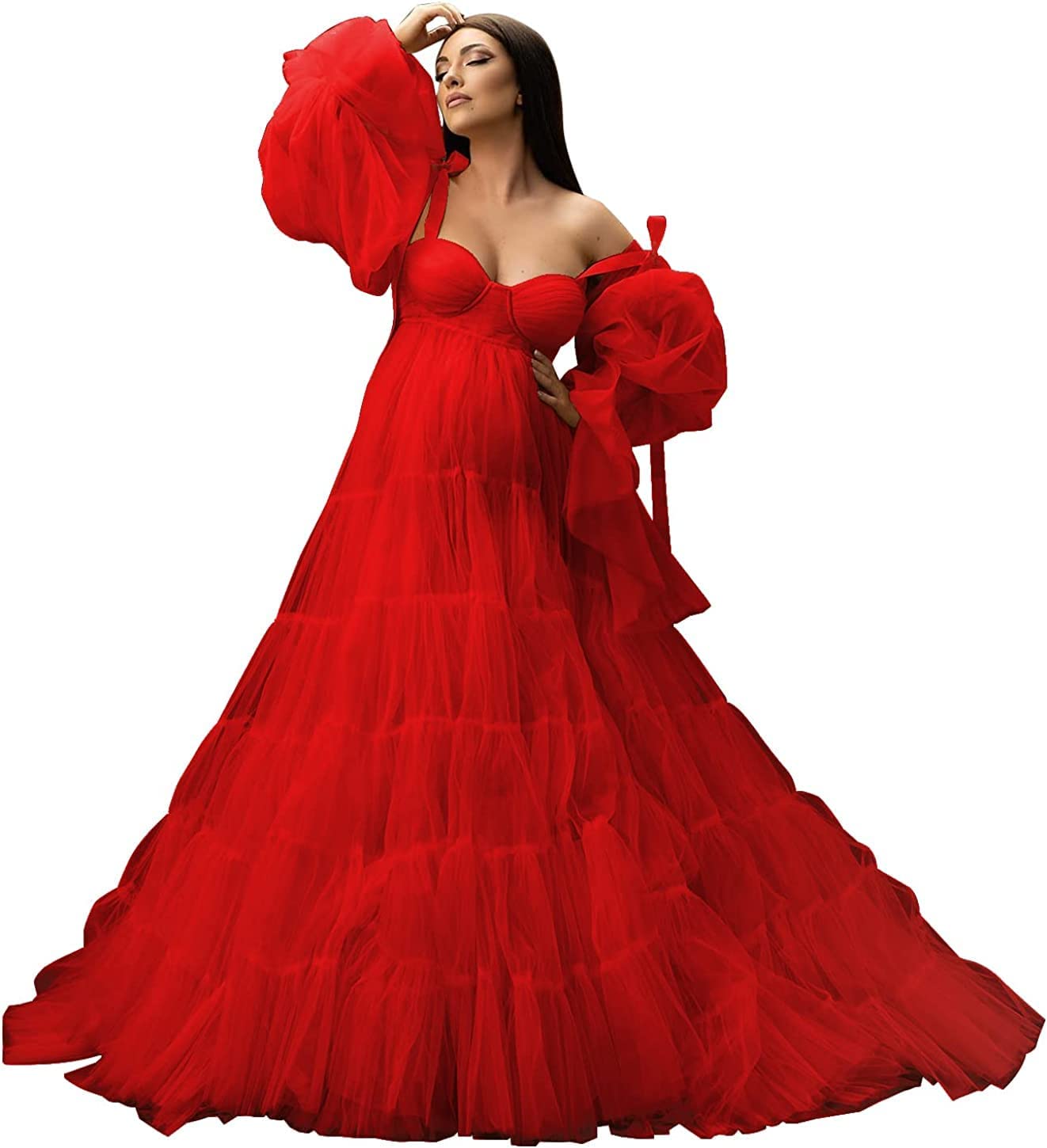 Womens Tulle Robe Maternity Dress for Photoshoot Off Shoulder Bridal Lingerie Maternity Gowns for Babyshower