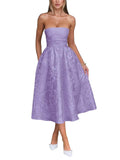 Satin Floral Jacquard Prom Dress for Women Strapless Corset Tea Length Formal Cocktail Evening Gowns