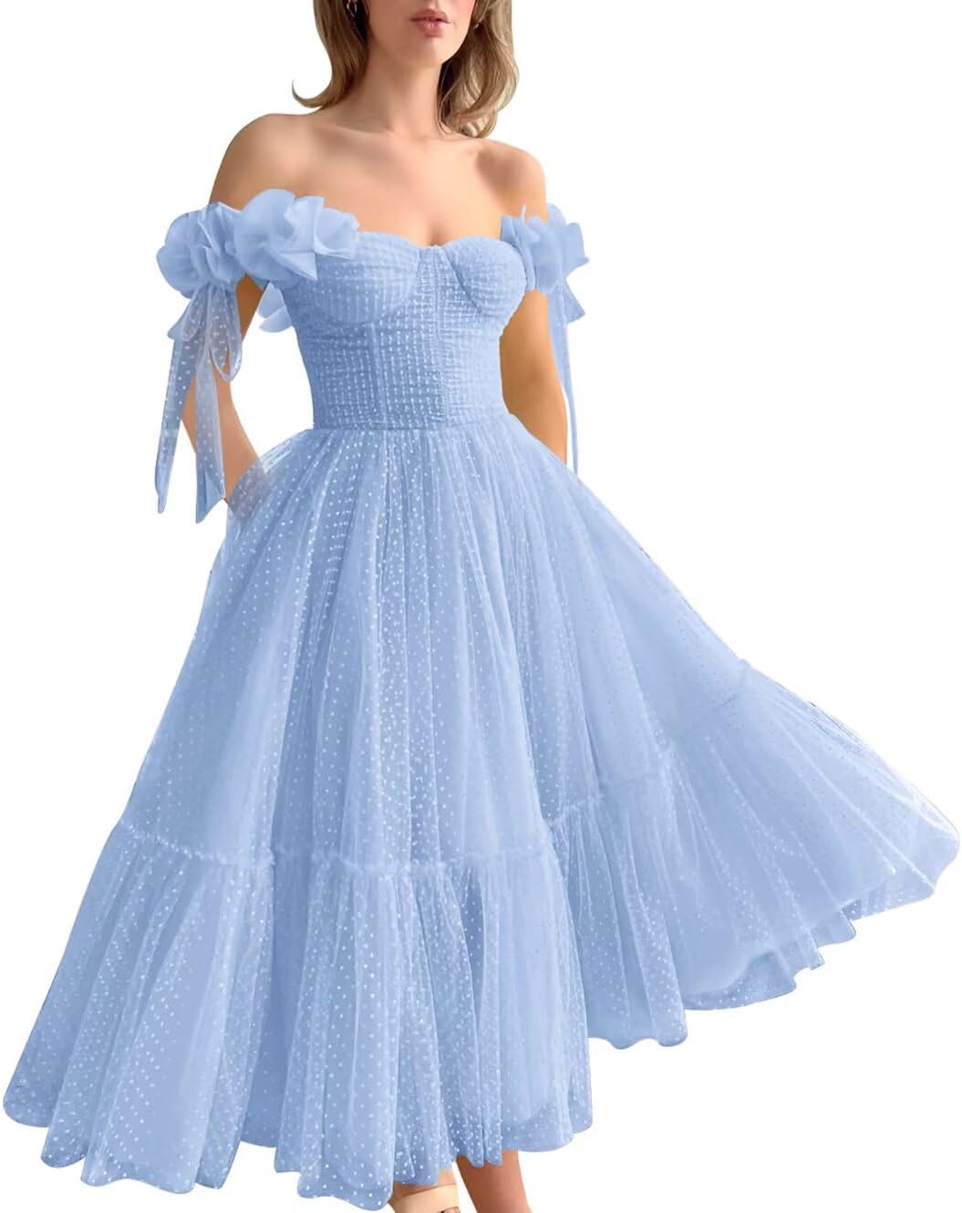 Dotted Tulle Off Shoulder Prom Dress for Women Sweetheart Midi Puffy Formal Party Gowns