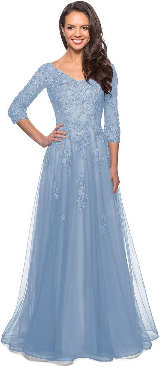 Women's Floral Lace Appliques 3/4 Sleeve Mother of The Bride Dresses Long V Neck Formal Dresses with Pockets