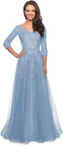 Women's Floral Lace Appliques 3/4 Sleeve Mother of The Bride Dresses Long V Neck Formal Dresses with Pockets