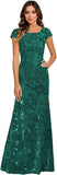 Lace Appliques Scoop Neck Sequin Mother of the Bride Dresses Mermaid Short Sleeve Formal Evening Gowns