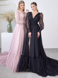 Puffy Sleeve Tulle Prom Dresses Long Ball Gown with Slit for Women 2027 V Neck Long Formal Evening Gowns