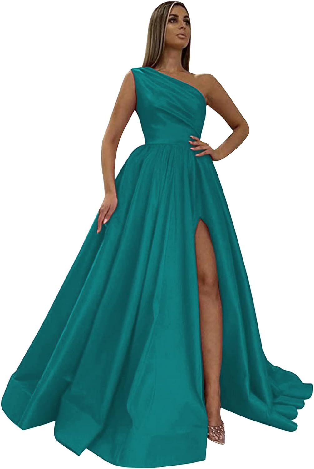 Women's One Shoulder Prom Dresses 2026 Long Slit Satin Formal Evening Gowns with Pockets