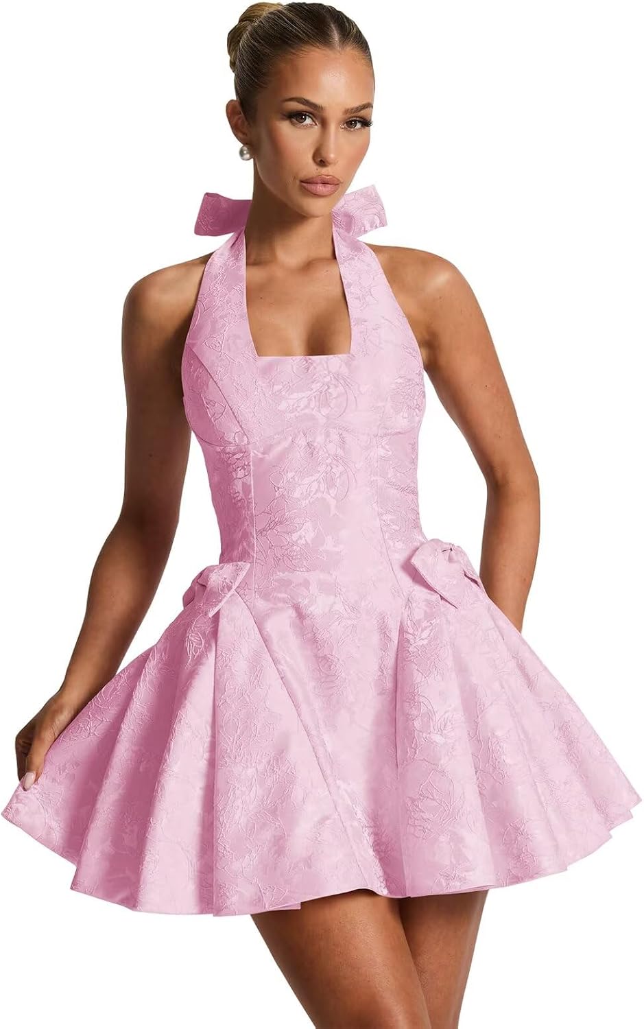 Satin Jacquard Halter Homecoming Dresses with Bow for Teens Mini A-Line Puffy Cocktail Corset Evening Party Gown