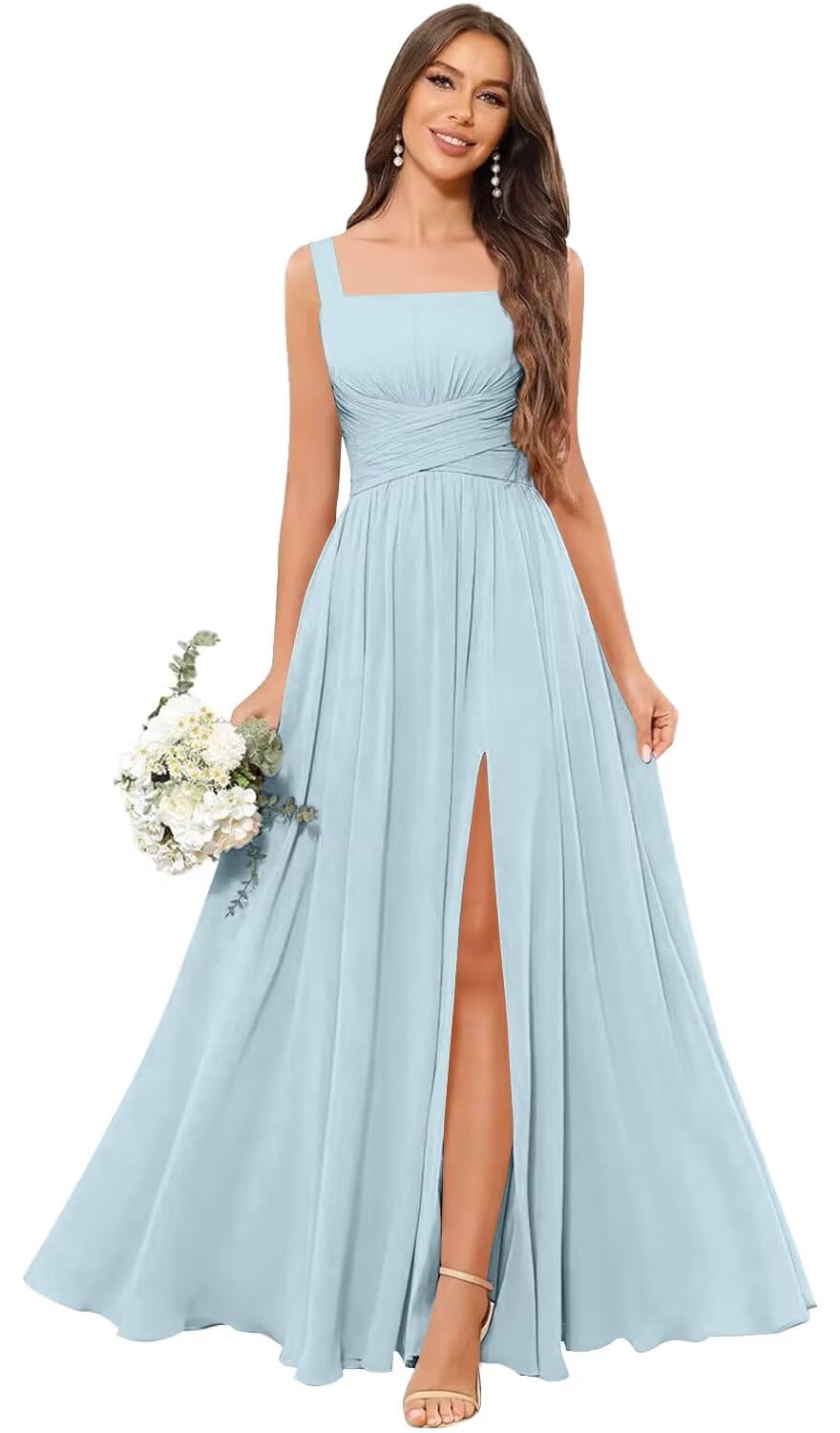 Kingbridal Chiffon A-line Bridesmaid Dresses for Women 2027 Long Square Neck Pleated Formal Evening Party Dress with Slit
