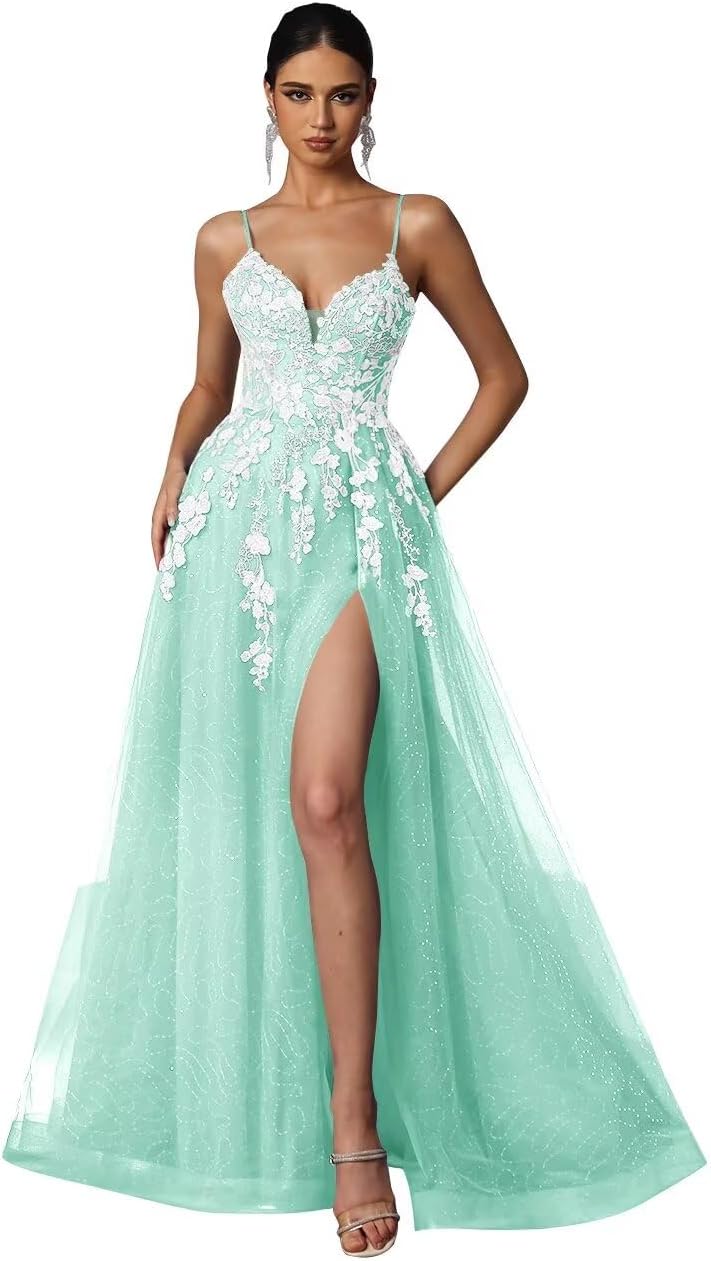 Tulle Prom Dresses 2027 Puffy Ball Gown for Women Formal V Neck Lace Appliques Evening Gown with Slit Long Homecoming Dress