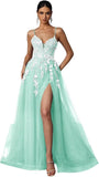Tulle Prom Dresses 2027 Puffy Ball Gown for Women Formal V Neck Lace Appliques Evening Gown with Slit Long Homecoming Dress