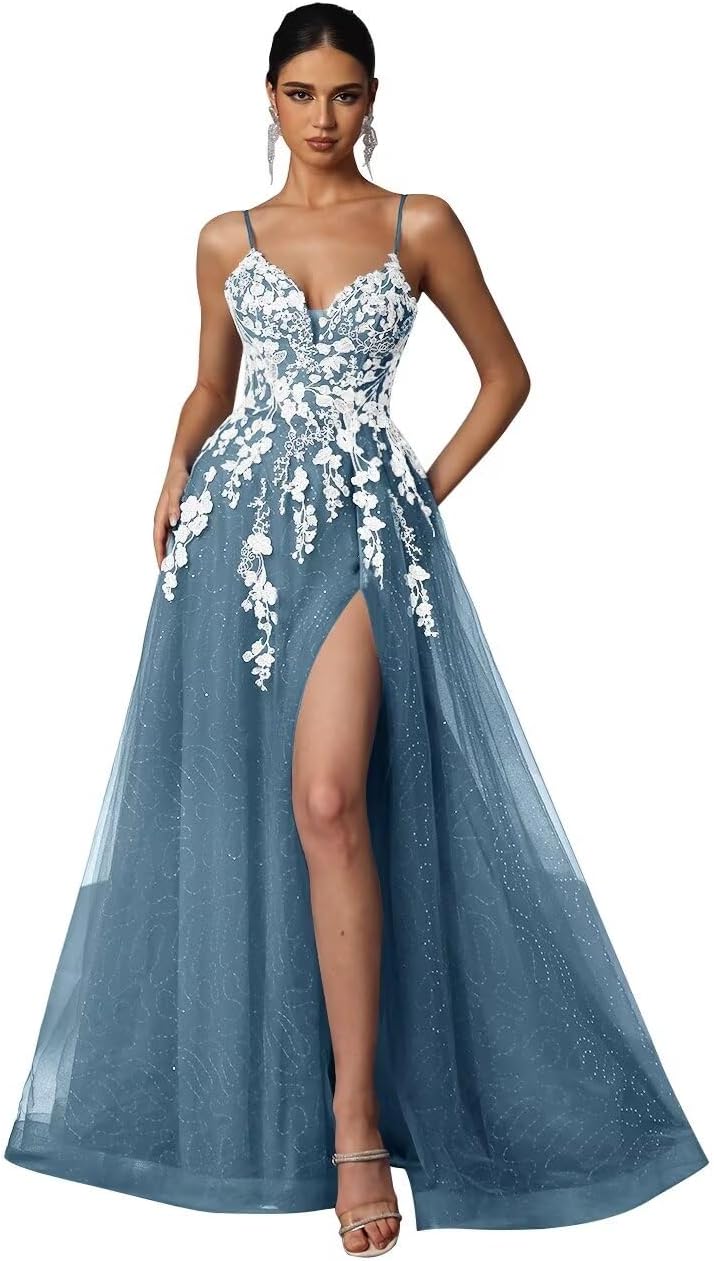 Tulle Prom Dresses 2027 Puffy Ball Gown for Women Formal V Neck Lace Appliques Evening Gown with Slit Long Homecoming Dress