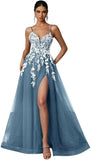 Tulle Prom Dresses 2027 Puffy Ball Gown for Women Formal V Neck Lace Appliques Evening Gown with Slit Long Homecoming Dress