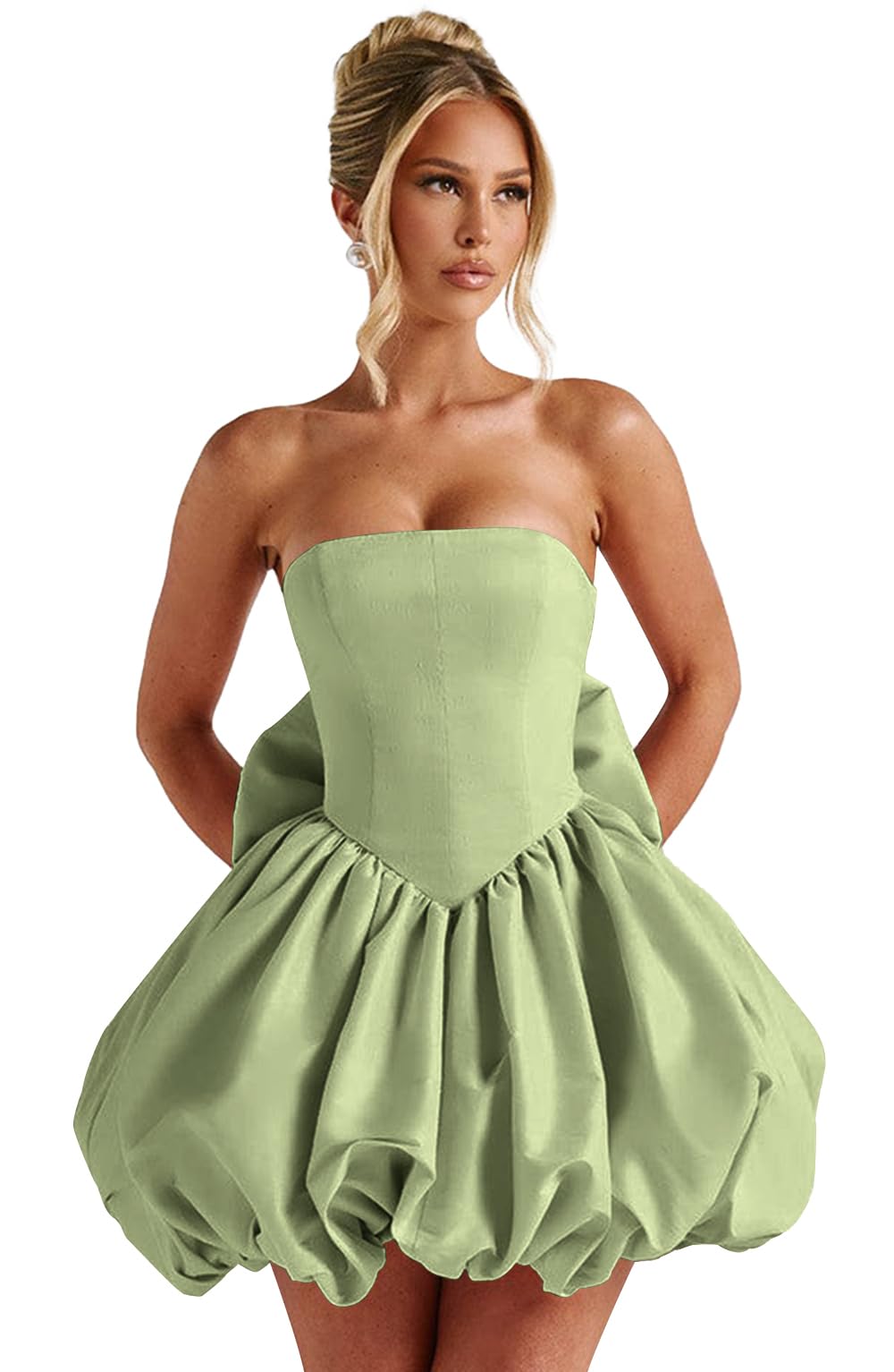Satin Flower Bud Homecoming Dress Short Prom Dress with Bow Strapless A Line Mini Cocktail Party Gown