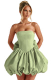 Satin Flower Bud Homecoming Dress Short Prom Dress with Bow Strapless A Line Mini Cocktail Party Gown