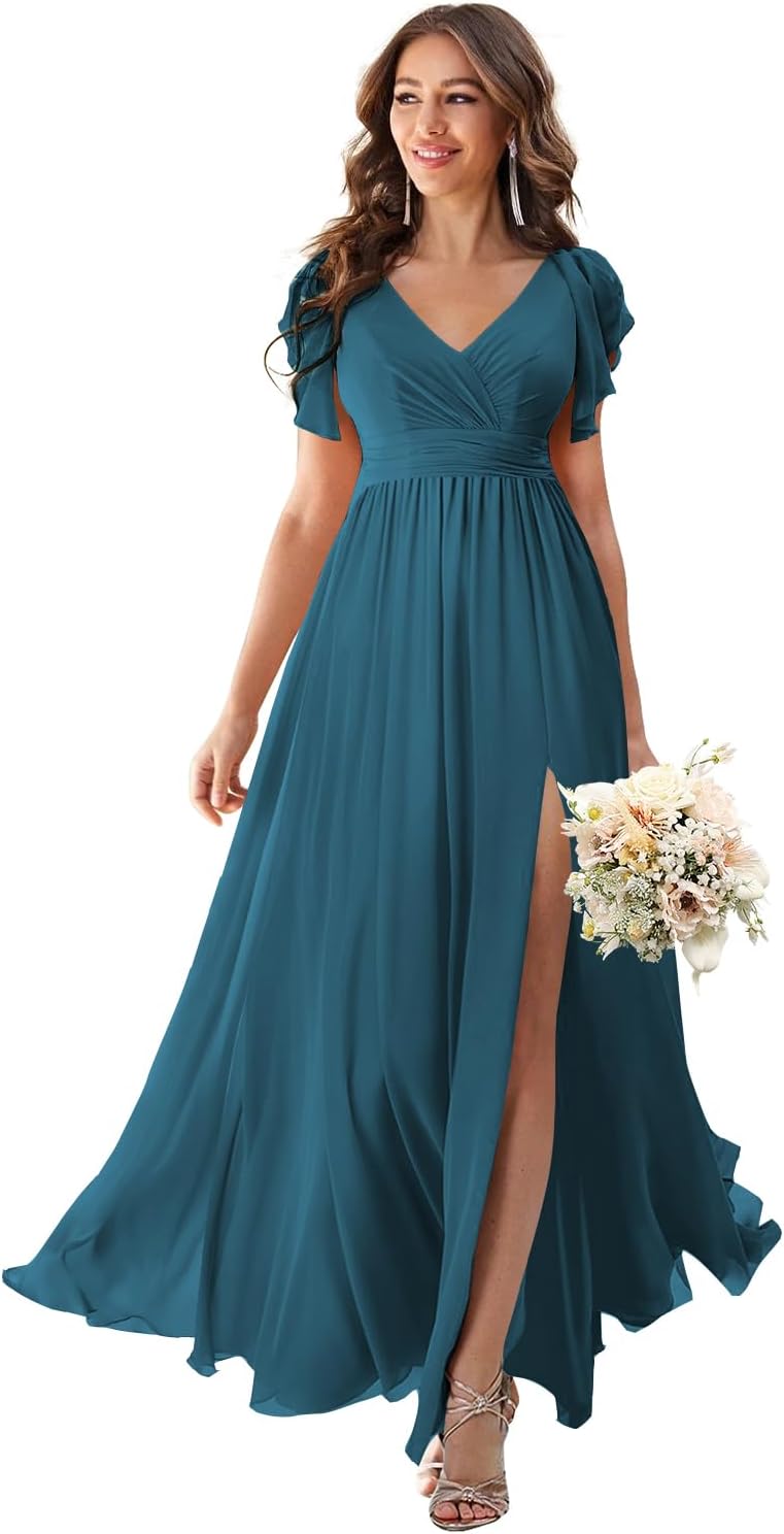 V Neck Flutter Sleeves Bridesmaid Dresses with Slit 2025 Chiffon Aline Pleats Formal Evening Gowns for Women