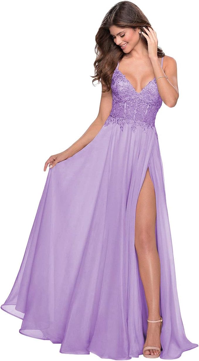 Women's Lace Appliqued Chiffon Prom Dresses Long with Slit Spaghetti Straps V Neck Formal Party Gowns