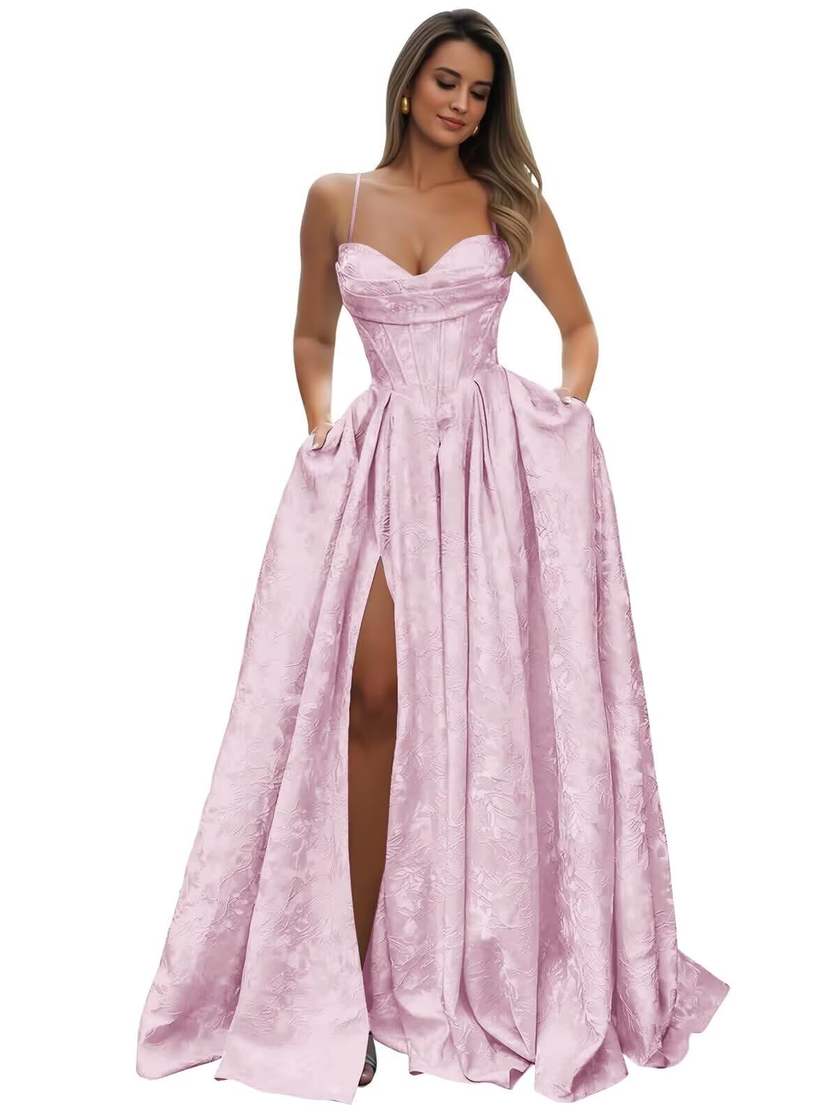 Satin Spaghetti Straps Prom Dresses for Women Jacquard Aline Backless Formal Evening Party Ball Gowns with Pockets