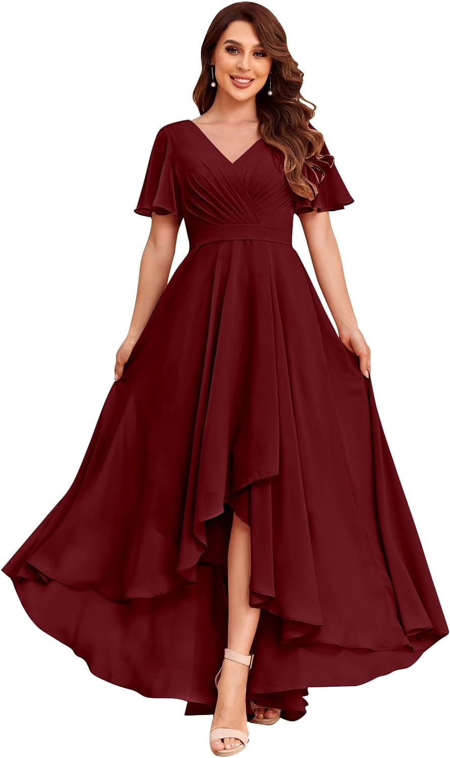 Women's Flutter Sleeve Bridesmaid Dresses with Pockets High Low Formal Dress