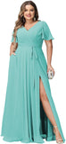 Plus Size Bridesmaid Dresses with Pockets V Neck Chiffon Flutter Sleeves Formal Evening Gowns with Slit