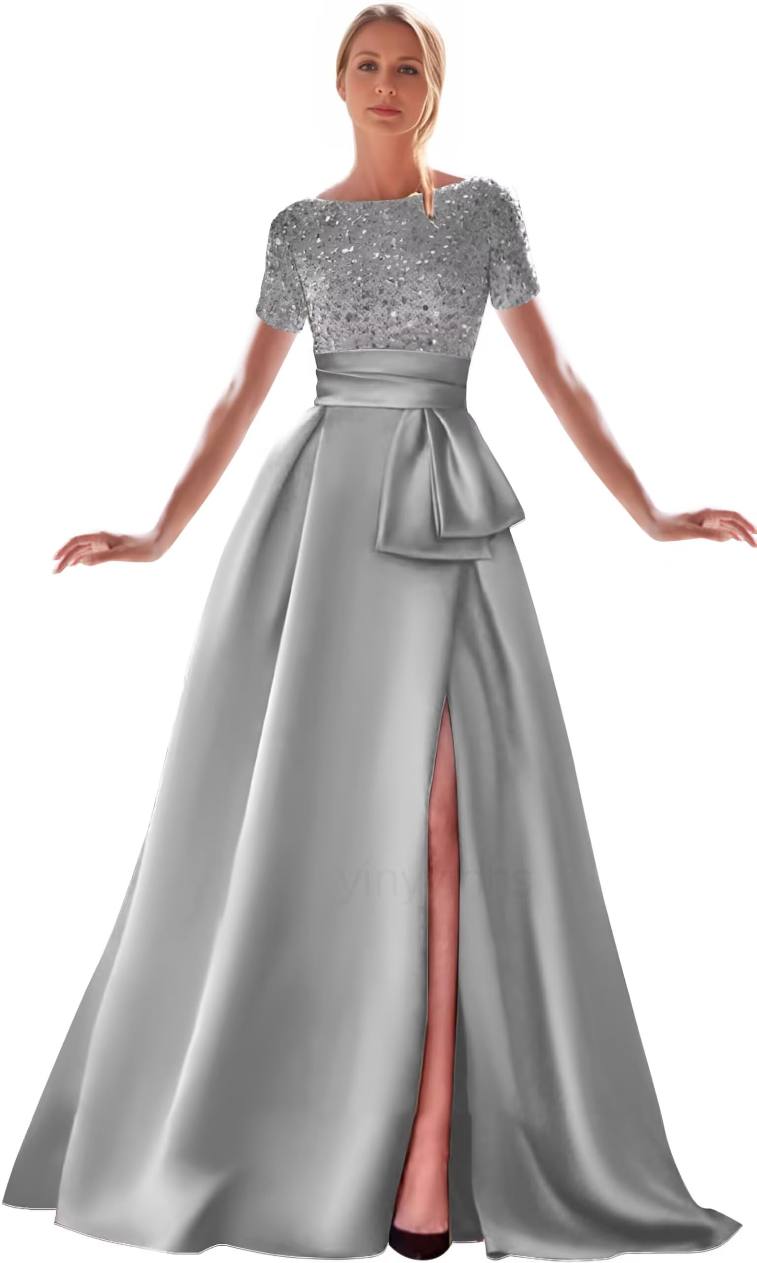 Kingbridal Gowns Short Sleeve Sequin Prom Dresses for Women 2026 Satin A-Line Sparkly Formal Evening Party Ball Gowns with Slit