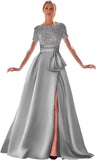 Kingbridal Gowns Short Sleeve Sequin Prom Dresses for Women 2026 Satin A-Line Sparkly Formal Evening Party Ball Gowns with Slit