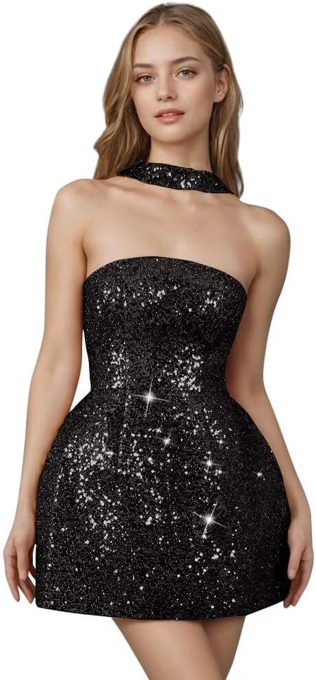 Strapless Sequin Homecoming Dresses for Teens Short Prom Dress Sparkly A-Line Cocktail Party Gowns with Pockets
