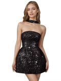 Strapless Sequin Homecoming Dresses for Teens Short Prom Dress Sparkly A-Line Cocktail Party Gowns with Pockets