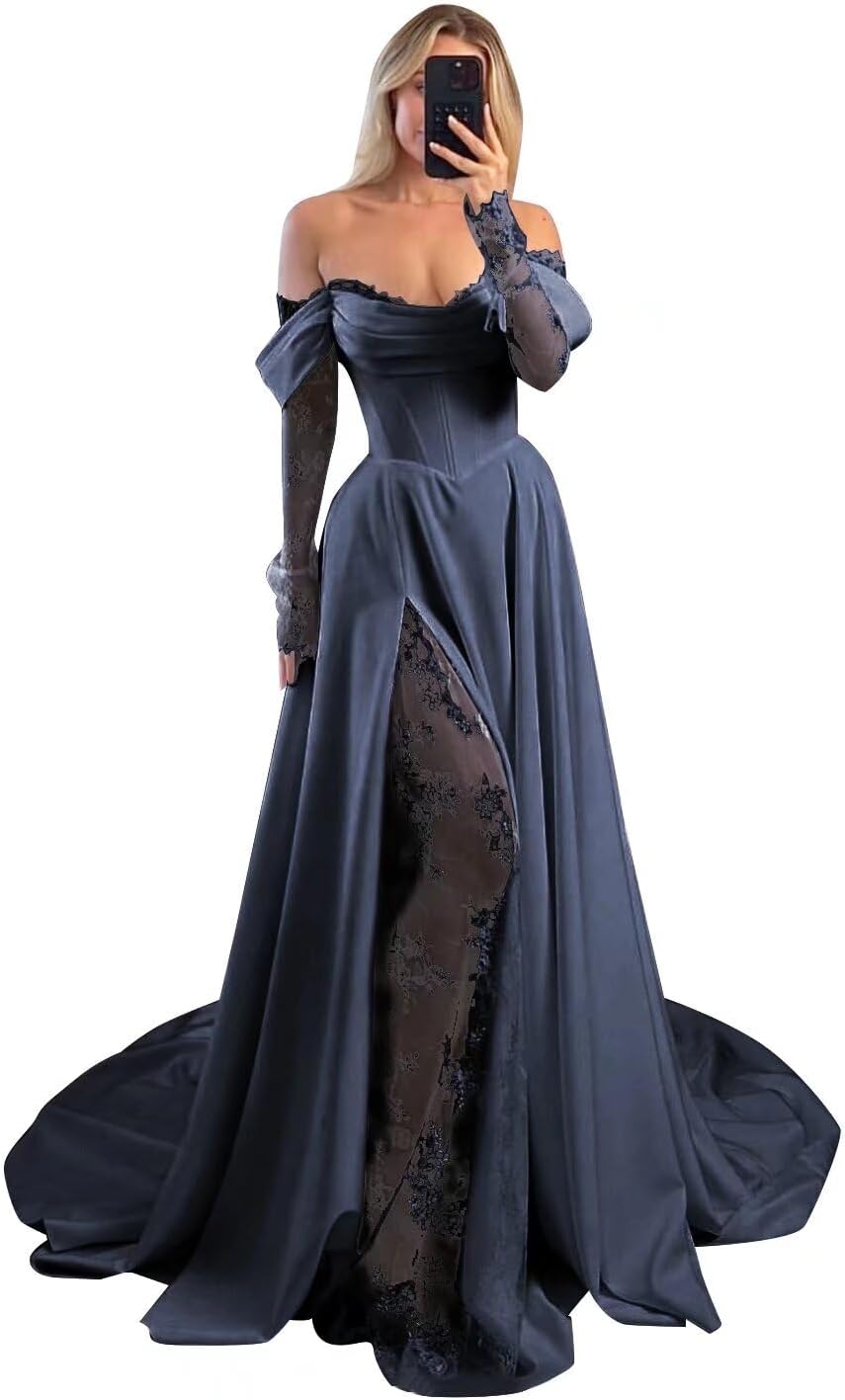 Off Shoulder Satin Wedding Dresses Lace Long Sleeve Prom Dresses Corset A-Line Ball Gowns with Slit