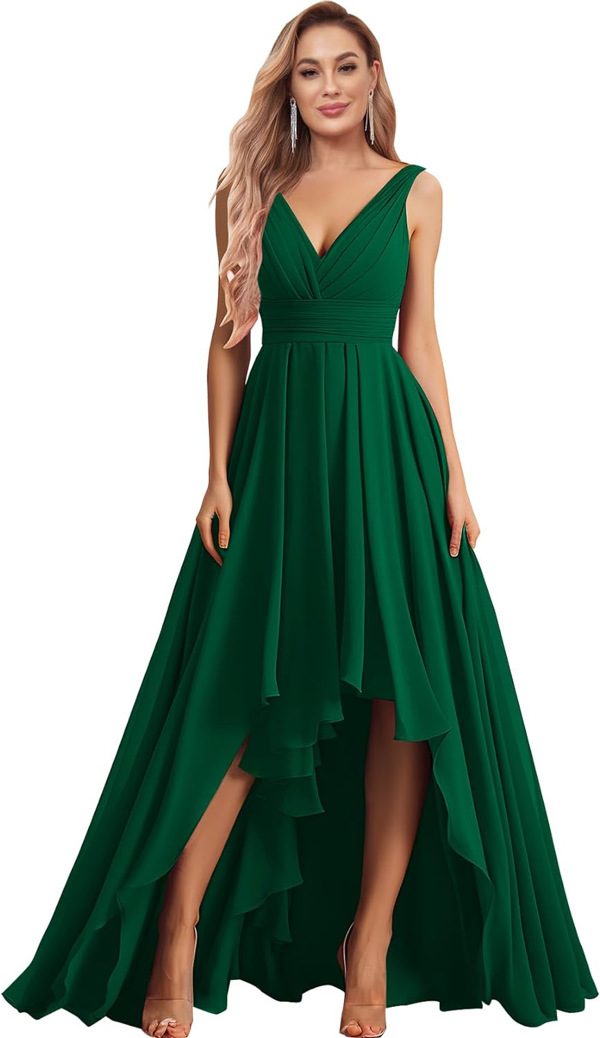 Vestidos de dama de honor con escote en V para mujer, para boda, con bolsillos, de gasa fruncida, largos, formales, para fiesta de graduación y noche.
