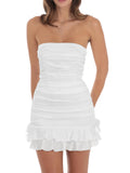 Women's Sexy Tube Top Bodycon Mini Dress Strapless Ruffle Bow Back Ruched Party Short Dresses
