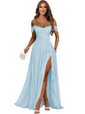 Women's Long Chiffon Bridesmaid Dresses with Slit Off Shoulder A-Line Formal Prom Evening Gown Maxi Wedding Guest Dress