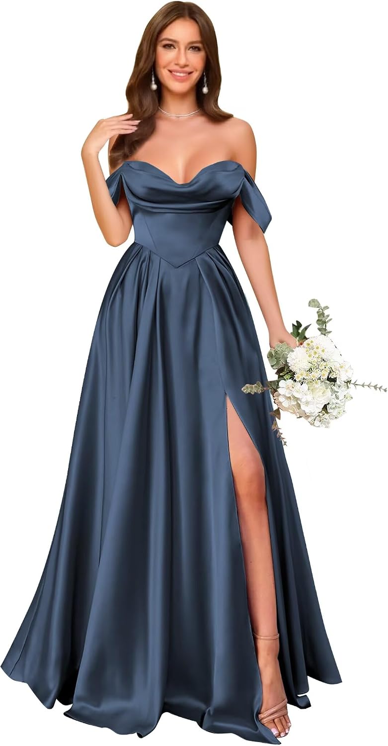 Off Shoulder Satin Bridesmaid Dresses Long Pleated Formal Dresses A Line Evening Gowns with Slit