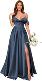 Off Shoulder Satin Bridesmaid Dresses Long Pleated Formal Dresses A Line Evening Gowns with Slit