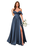 Off Shoulder Satin Bridesmaid Dresses Long Pleated Formal Dresses A Line Evening Gowns with Slit