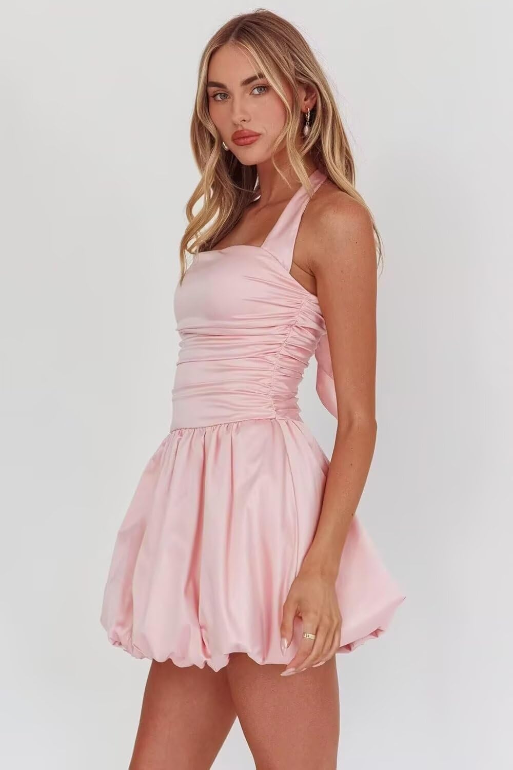 Satin Halter Homecoming Dresses for Teens Short Prom Dress 2027 Flower Bud Ruched Formal Cocktail Gown with Pockets