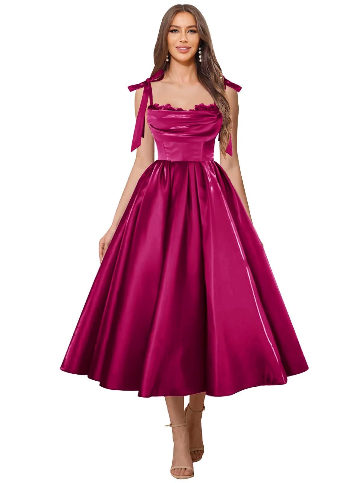 Satin Prom Dresses for Women Spaghetti Straps Corset A-Line Ball Formal Gowns Tea Length with Pockets