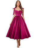 Satin Prom Dresses for Women Spaghetti Straps Corset A-Line Ball Formal Gowns Tea Length with Pockets