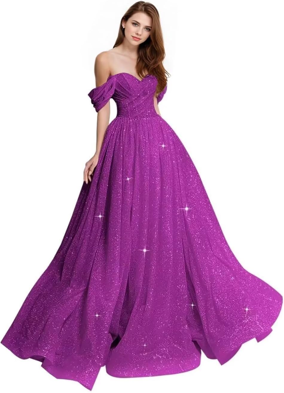 Sparkly Tulle Prom Dress 2026 Off The Shoulder Formal Dresses for Women Glitter A Line Long Ball Gown