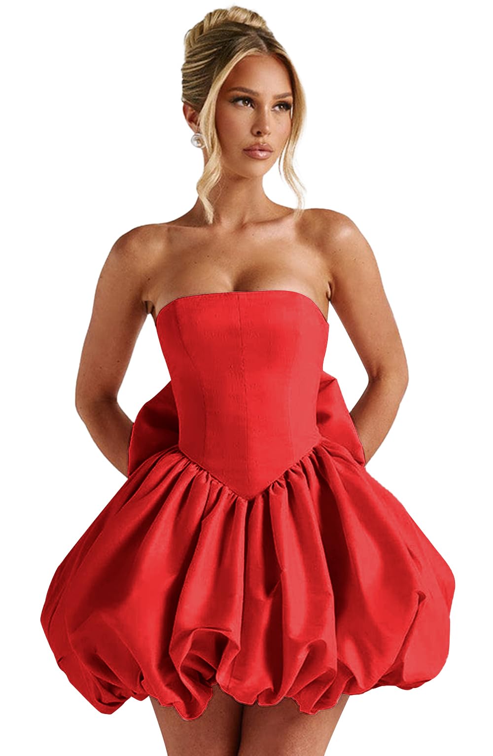 Satin Flower Bud Homecoming Dress Short Prom Dress with Bow Strapless A Line Mini Cocktail Party Gown