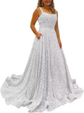 Kingbridal Gowns Spaghetti Straps Prom Dresses Long for Women 2026 A Line Sequin Satin Formal Evening Party Ball Gowns with Slit