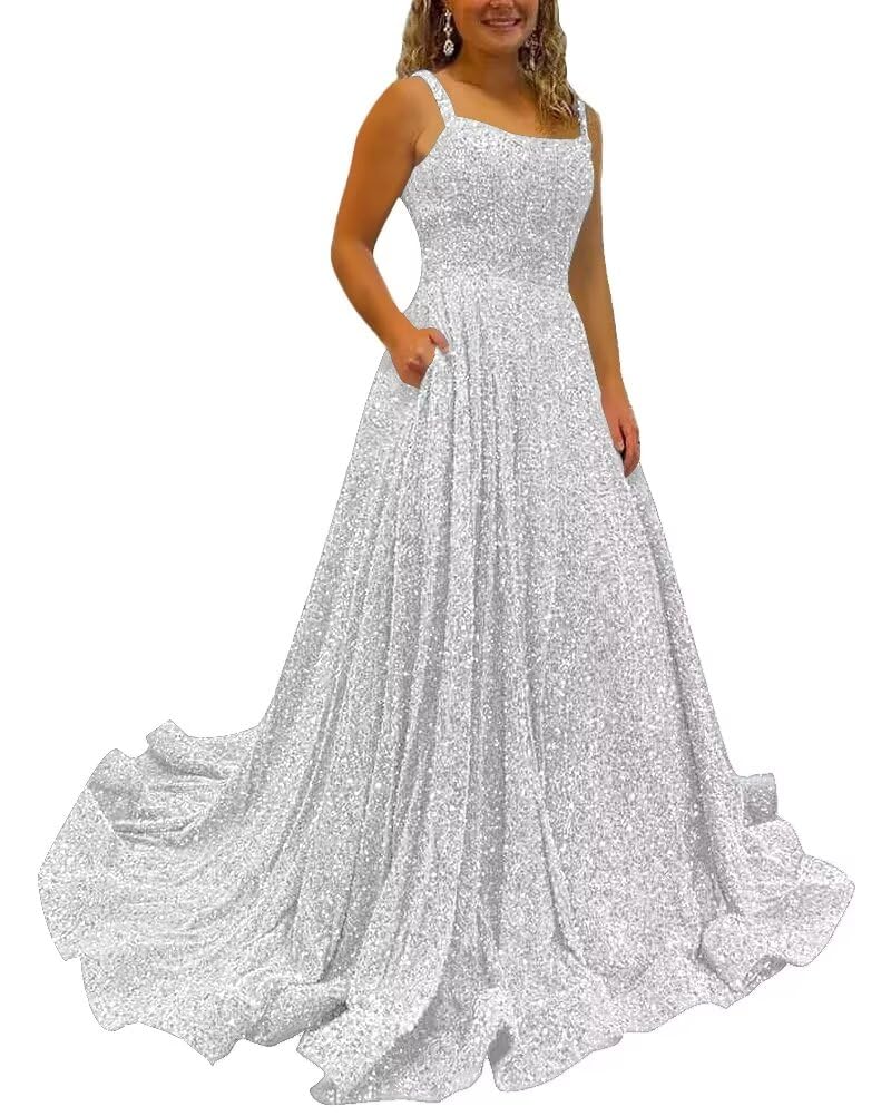Kingbridal Gowns Spaghetti Straps Prom Dresses Long for Women 2026 A Line Sequin Satin Formal Evening Party Ball Gowns with Slit