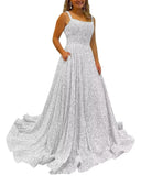 Kingbridal Gowns Spaghetti Straps Prom Dresses Long for Women 2026 A Line Sequin Satin Formal Evening Party Ball Gowns with Slit