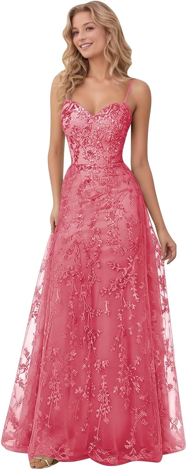 Spaghetti Strap Sparkly Prom Dress for Women Long Tulle Formal Dress Laces Evening Party Gown