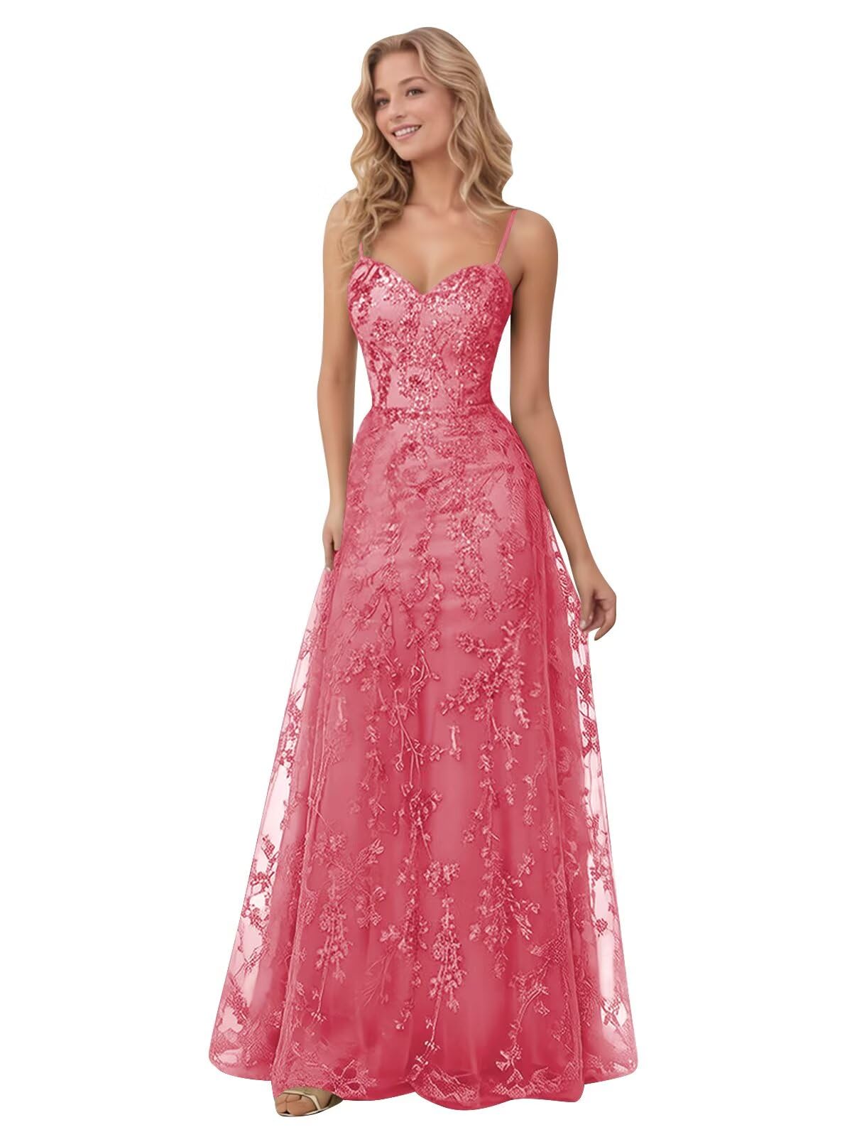 Spaghetti Strap Sparkly Prom Dress for Women Long Tulle Formal Dress Laces Evening Party Gown