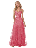 Spaghetti Strap Sparkly Prom Dress for Women Long Tulle Formal Dress Laces Evening Party Gown